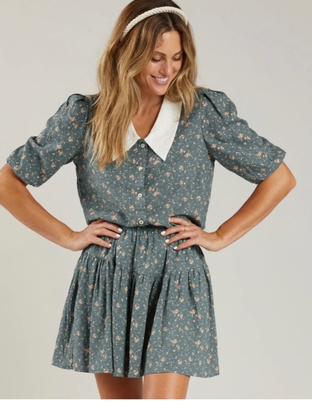 Rylee + Cru Linen Blend Sparrow Skirt Green and Peach Mini Swing Skirt - XS